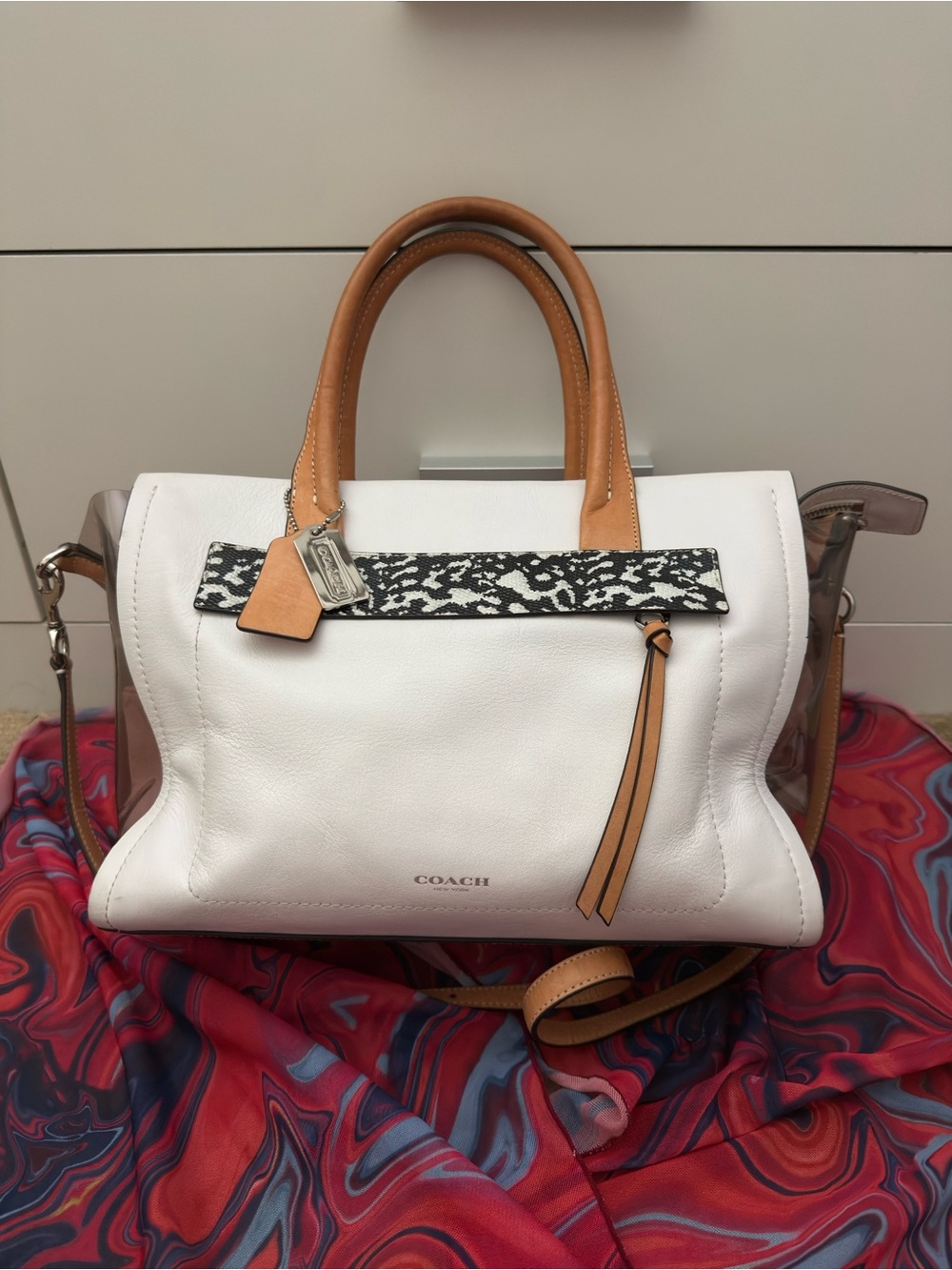 Coach White Leather & Spotted Leopard Colorblock Satchel Bag